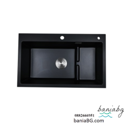 Кухненска мивка с помощно корито Cascada, Гранит, 80 х 49 х 22 см, Черен